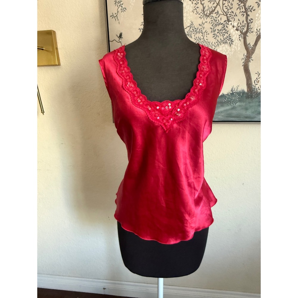 Covington Red Satin Sequin Lace‎ Trim V-Neck Sleeveless Blouse Petite Large